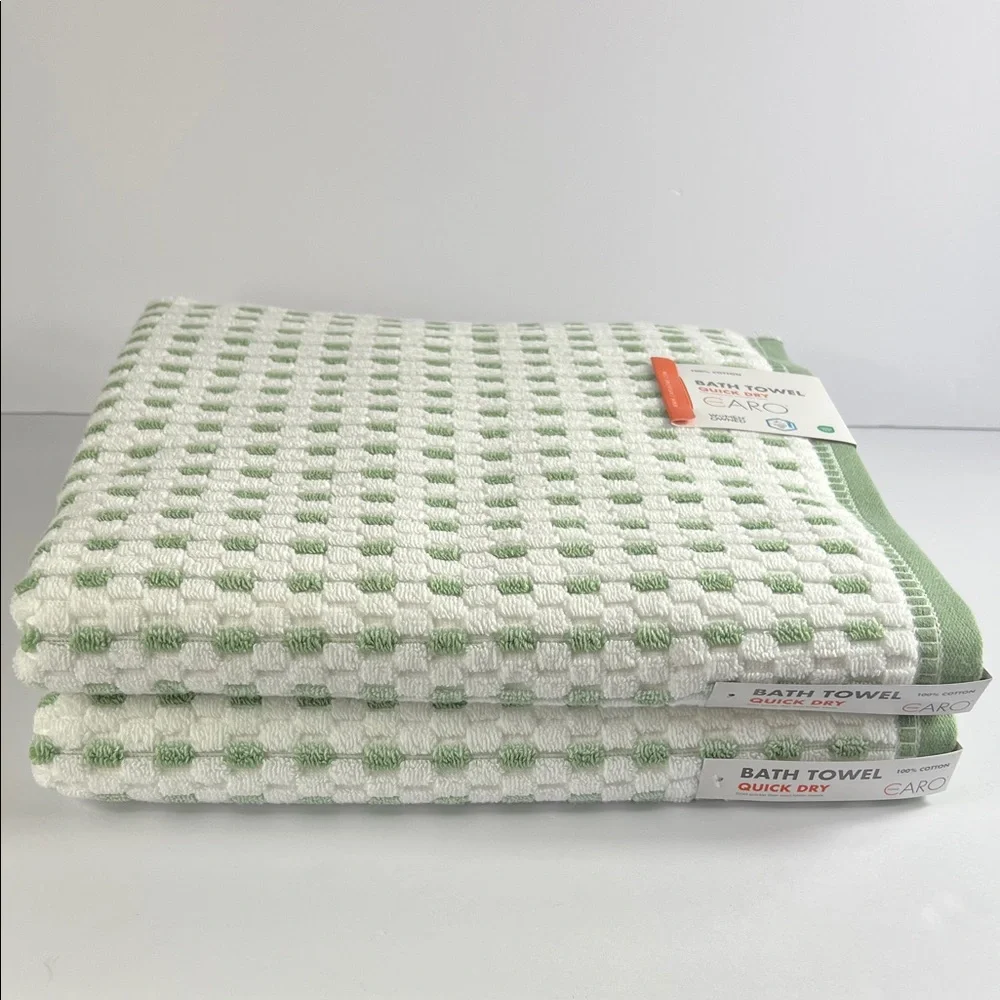 Caro Home Bath Towels Quick Dry Green and White Dot Print Cotton Set of 2 NEW